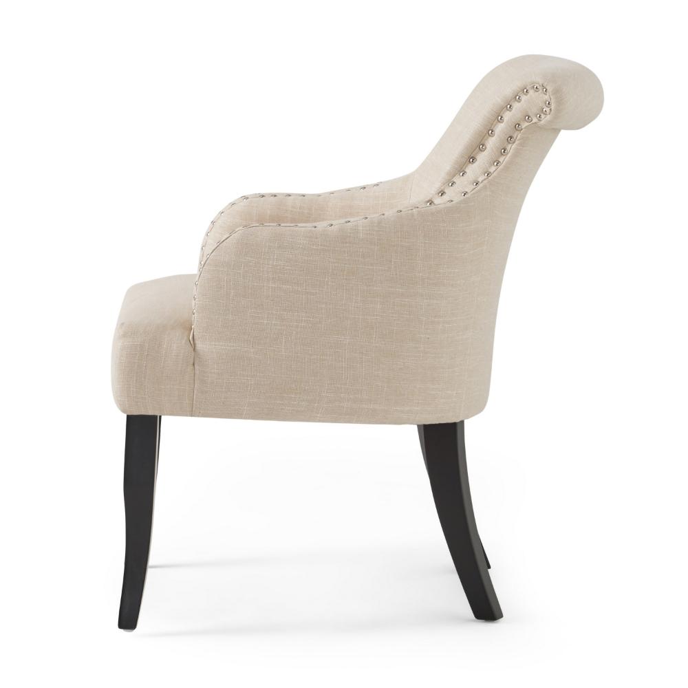 Benjara Accent Armchair, Nailhead Trim, Birch Wood, Plush Light Beige Fabric