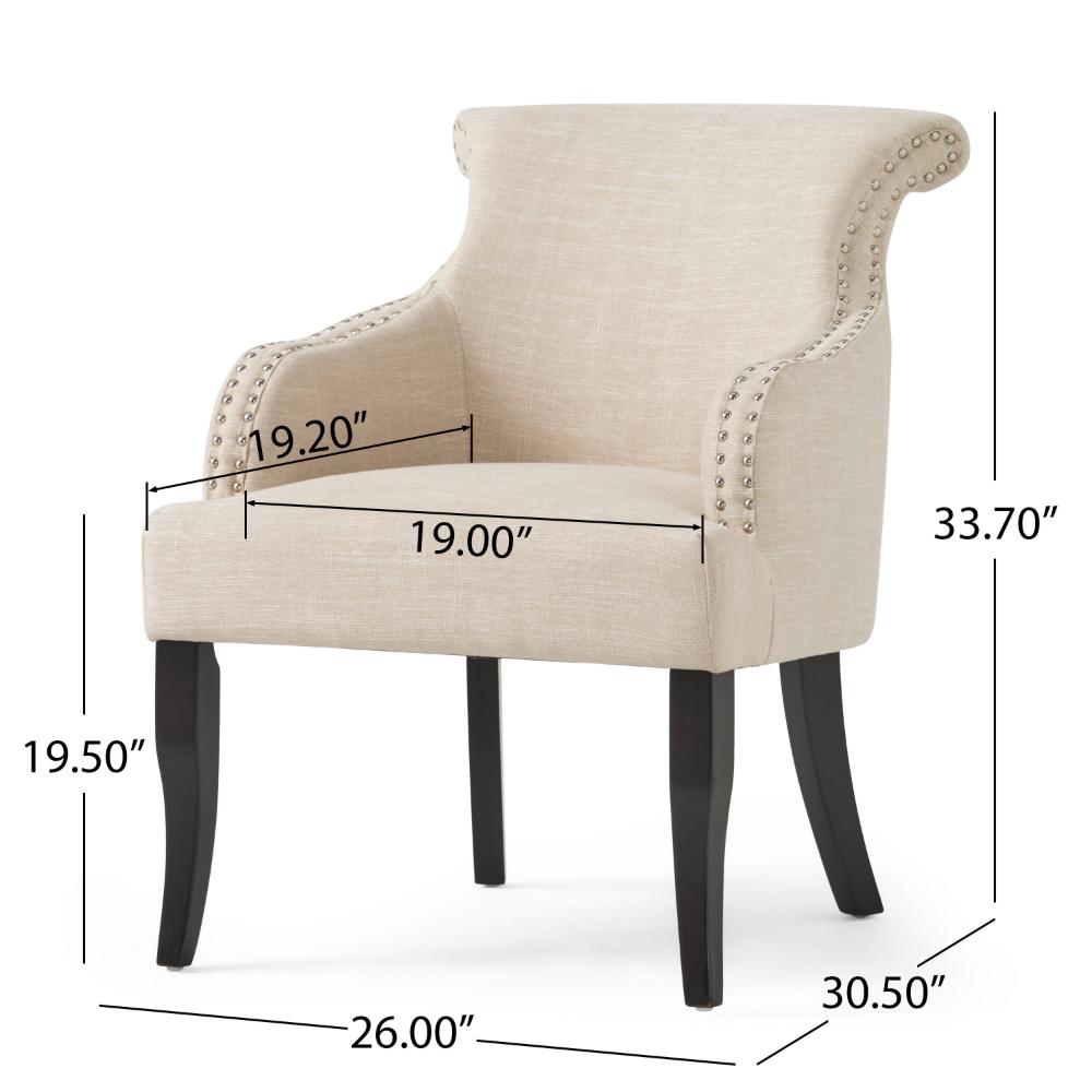 Benjara Accent Armchair, Nailhead Trim, Birch Wood, Plush Light Beige Fabric