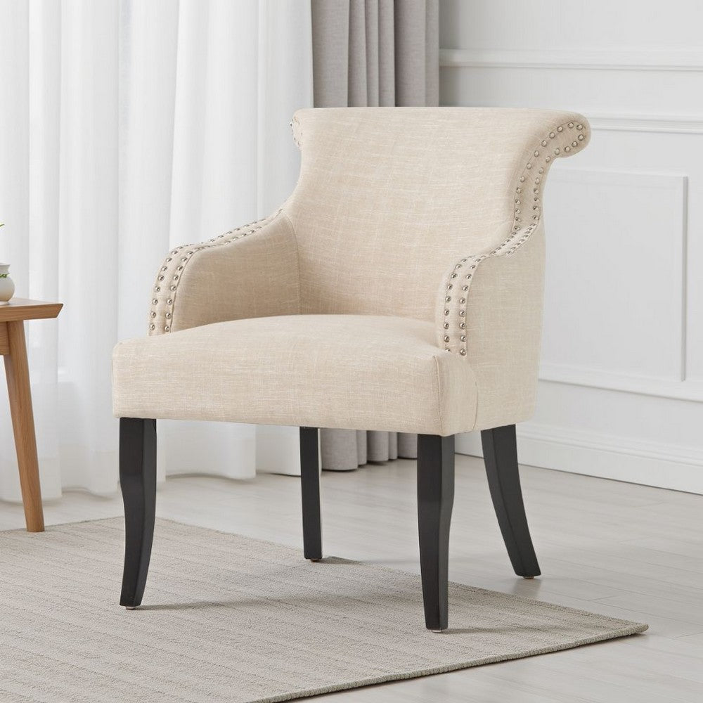 Benjara Accent Armchair, Nailhead Trim, Birch Wood, Plush Light Beige Fabric