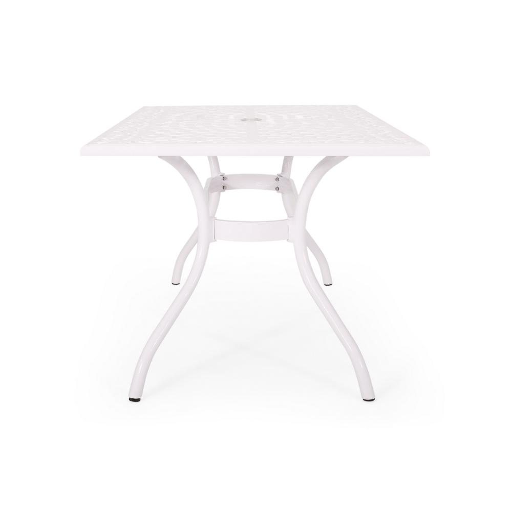 Benjara Toni Table, 67 Inch Rectangular Lattice Top, Saber Legs, White Aluminium