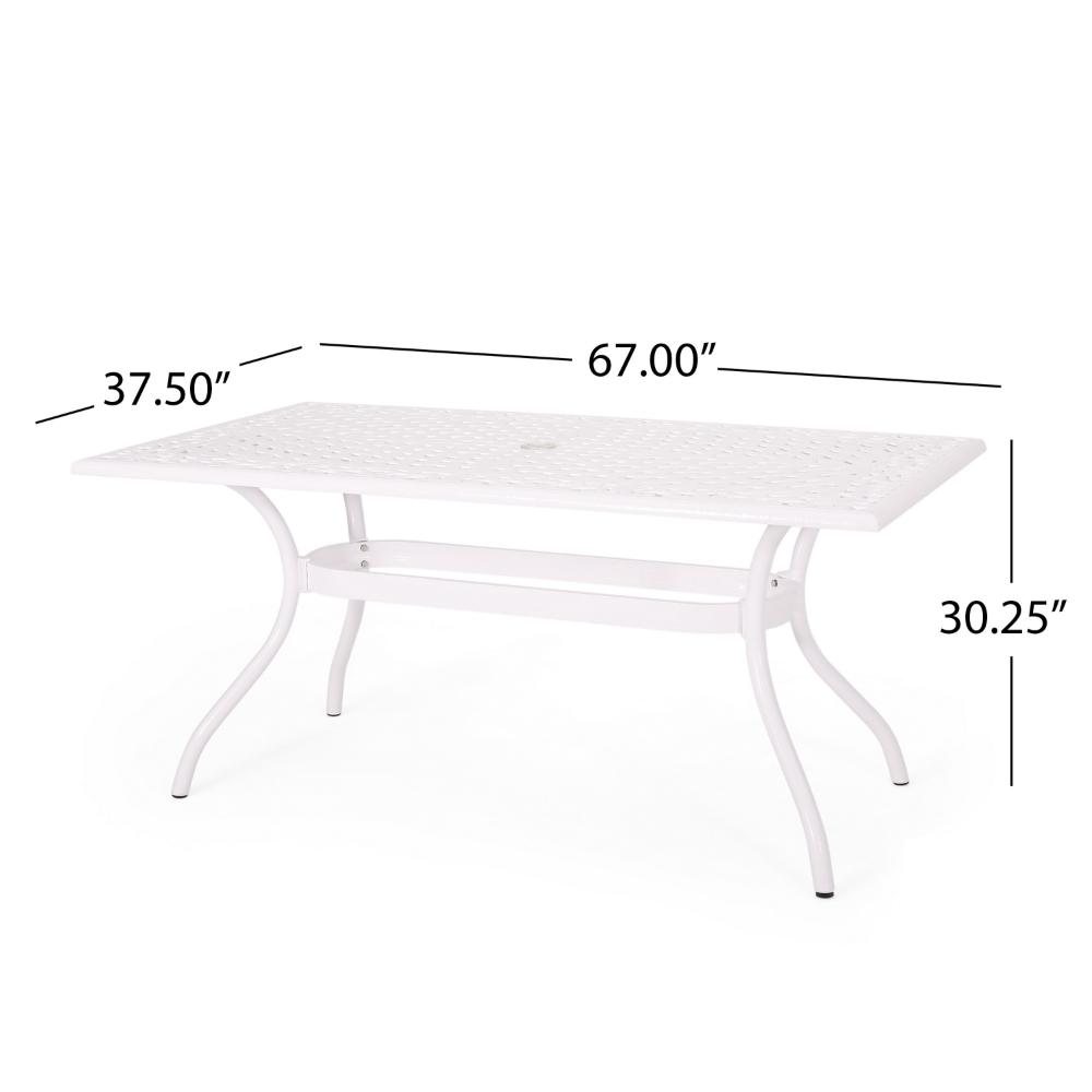 Benjara Toni Table, 67 Inch Rectangular Lattice Top, Saber Legs, White Aluminium