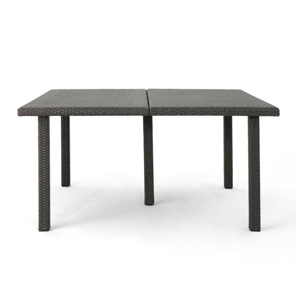 Benjara Nona Outdoor Dining Table, 64 Inch Square, Dark Gray Rattan Wood And Iron