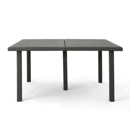 Benjara Nona Outdoor Dining Table, 64 Inch Square, Dark Gray Rattan Wood And Iron
