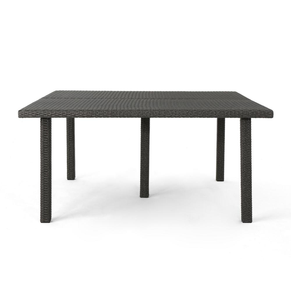 Benjara Nona Outdoor Dining Table, 64 Inch Square, Dark Gray Rattan Wood And Iron