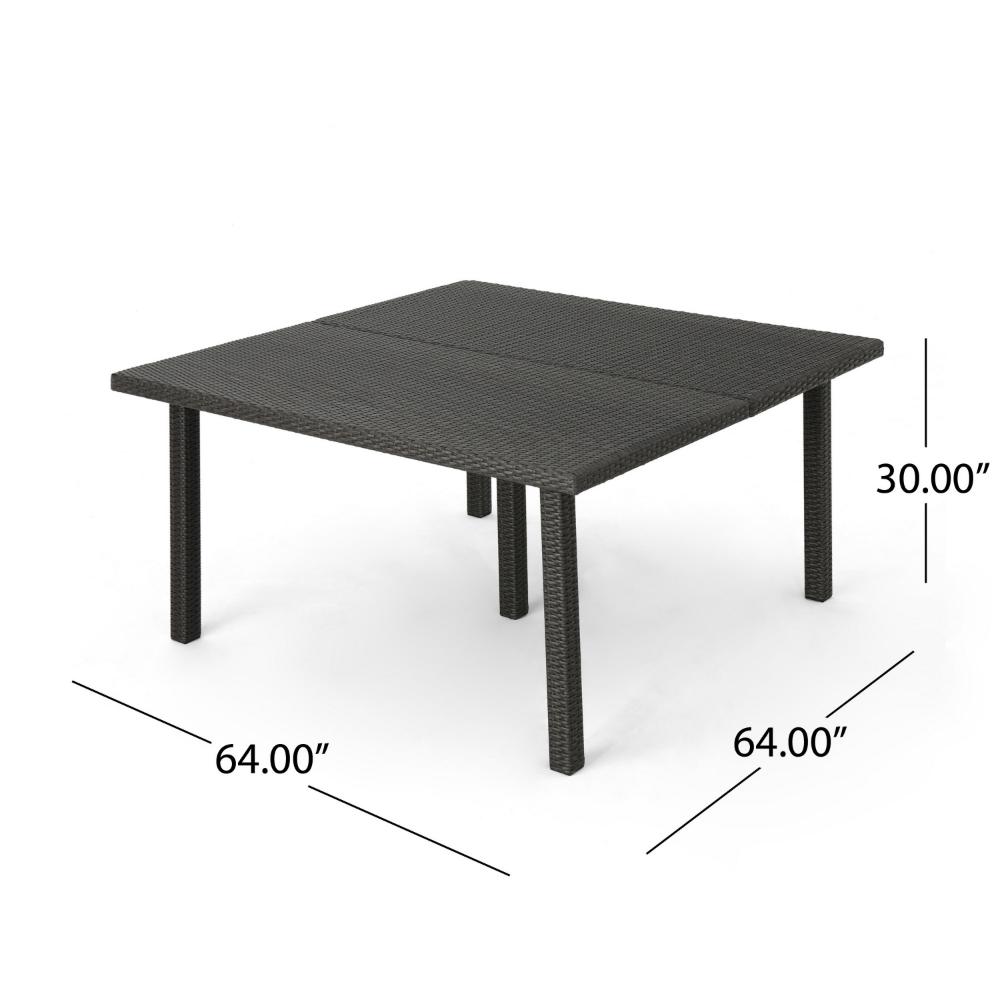 Benjara Nona Outdoor Dining Table, 64 Inch Square, Dark Gray Rattan Wood And Iron