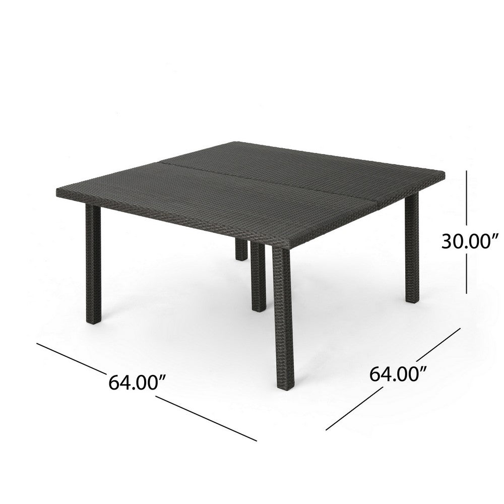 Benjara Nona Outdoor Dining Table, 64 Inch Square, Dark Gray Rattan Wood And Iron