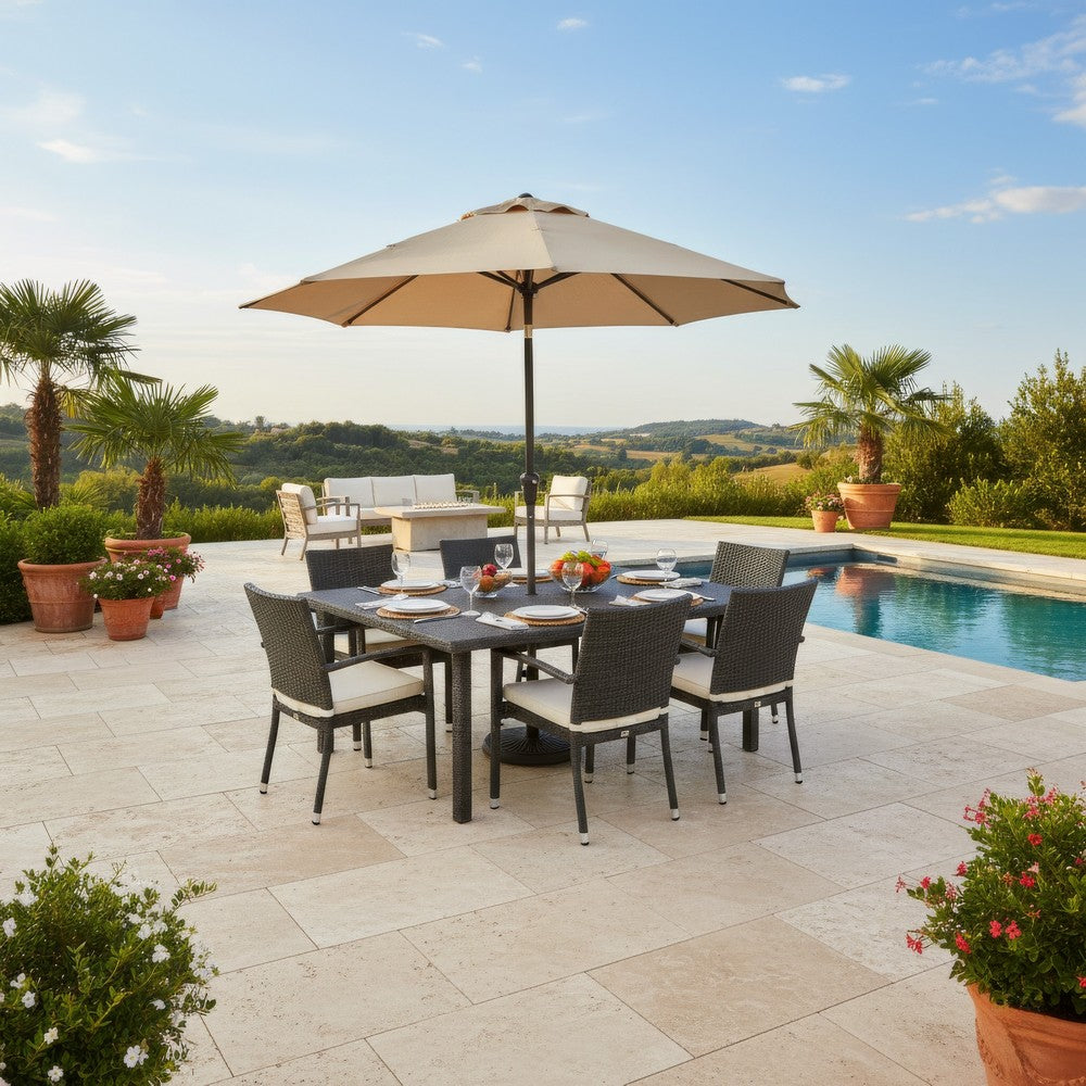 Benjara Nona Outdoor Dining Table, 64 Inch Square, Dark Gray Rattan Wood And Iron