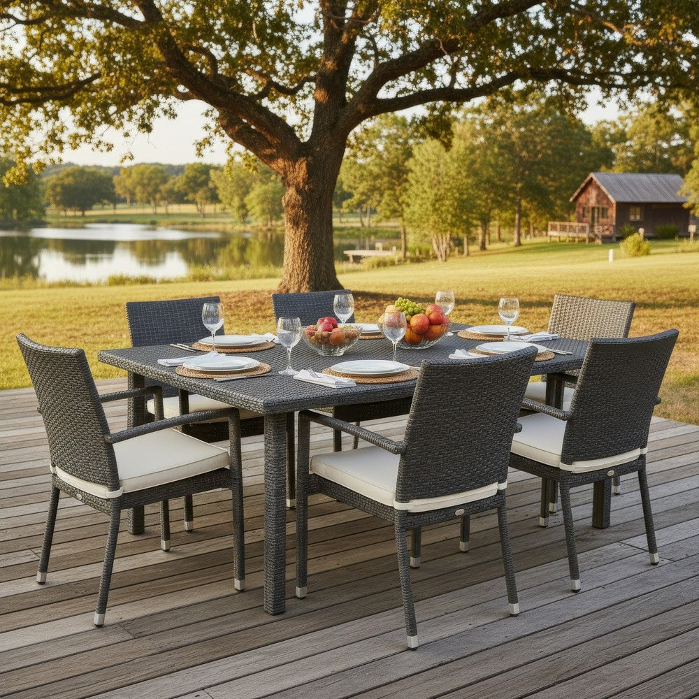 Benjara Nona Outdoor Dining Table, 64 Inch Square, Dark Gray Rattan Wood And Iron