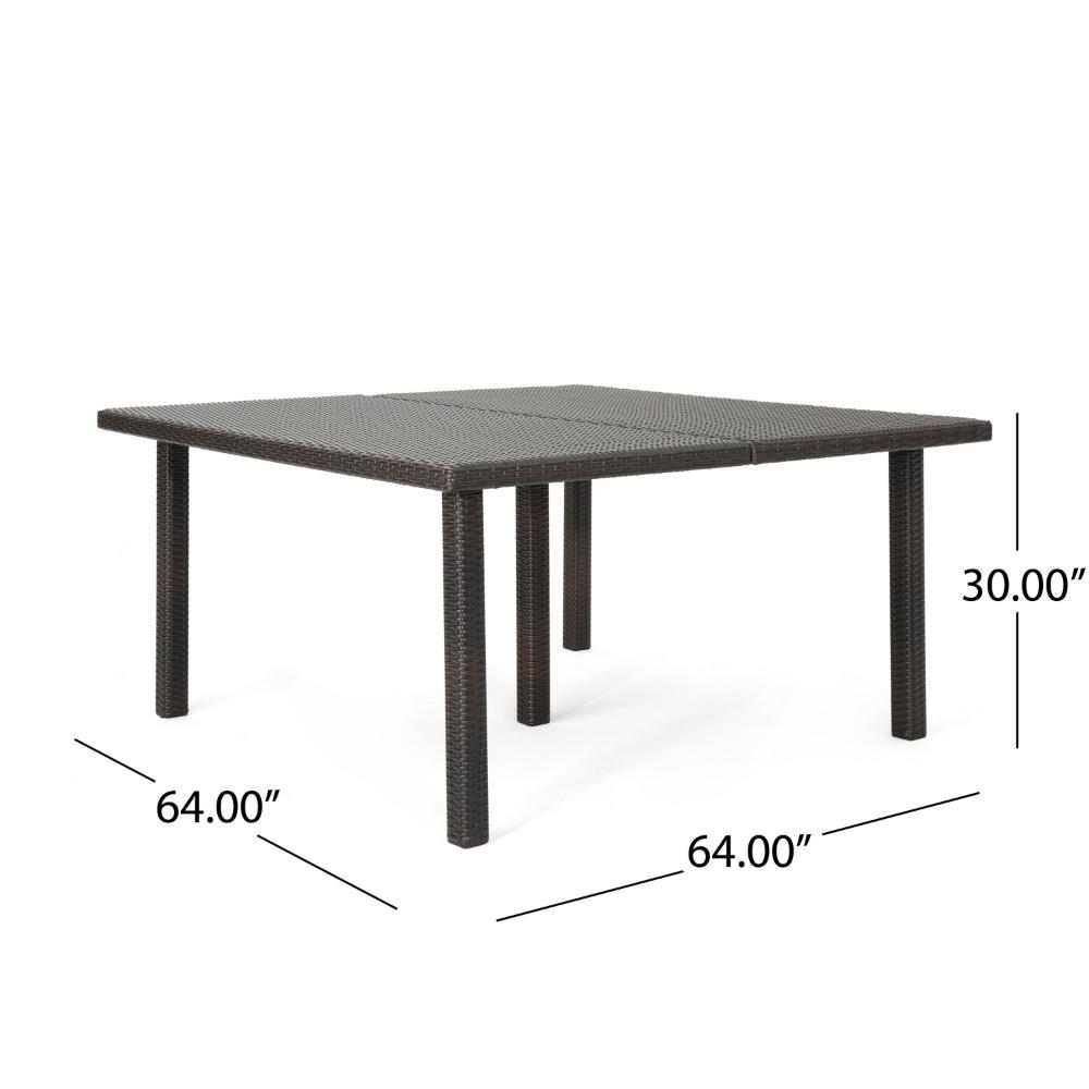 Benjara Nona Outdoor Dining Table, 64 Inch Square Top, Brown Rattan Wood, Iron