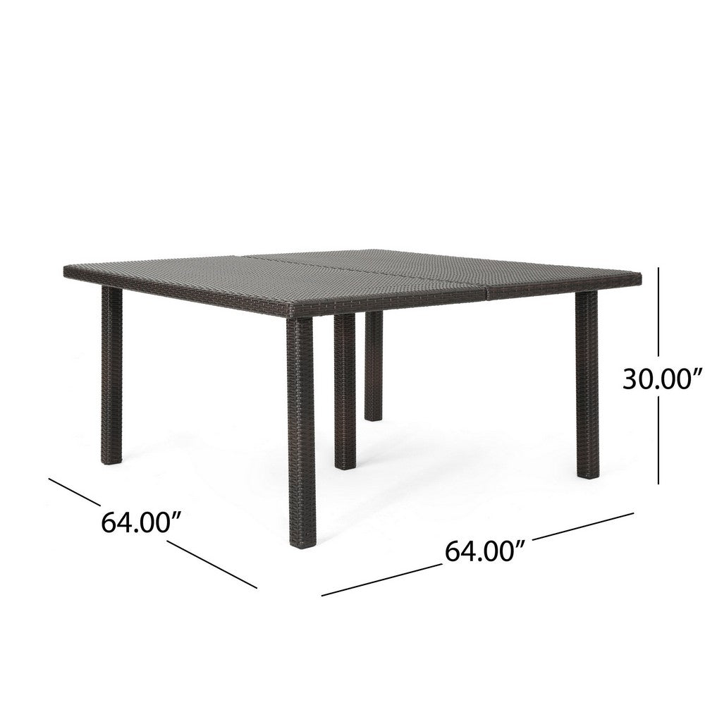 Benjara Nona Outdoor Dining Table, 64 Inch Square Top, Brown Rattan Wood, Iron