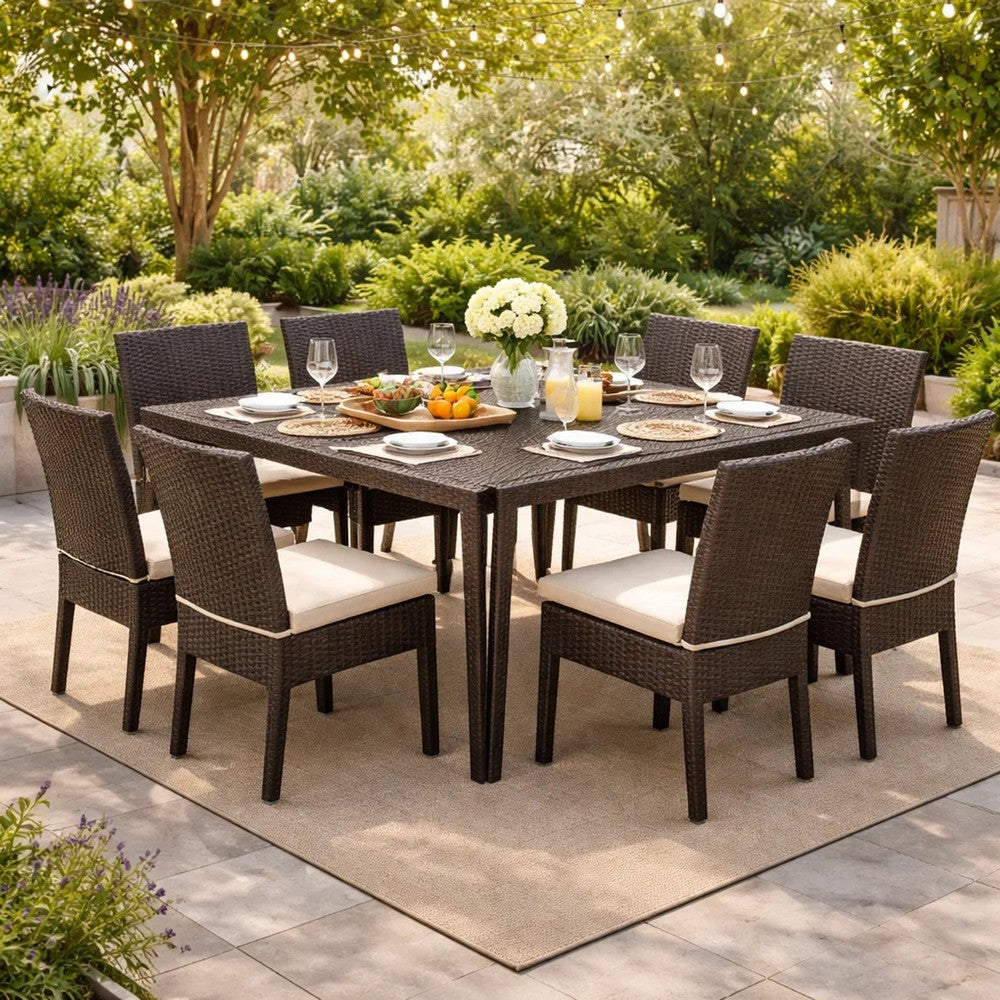 Benjara Nona Outdoor Dining Table, 64 Inch Square Top, Brown Rattan Wood, Iron