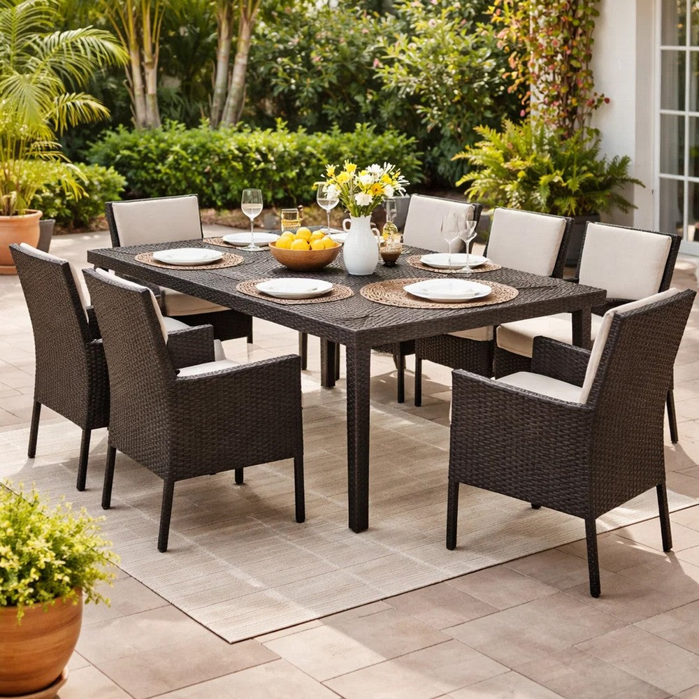 Benjara Nona Outdoor Dining Table, 64 Inch Square Top, Brown Rattan Wood, Iron