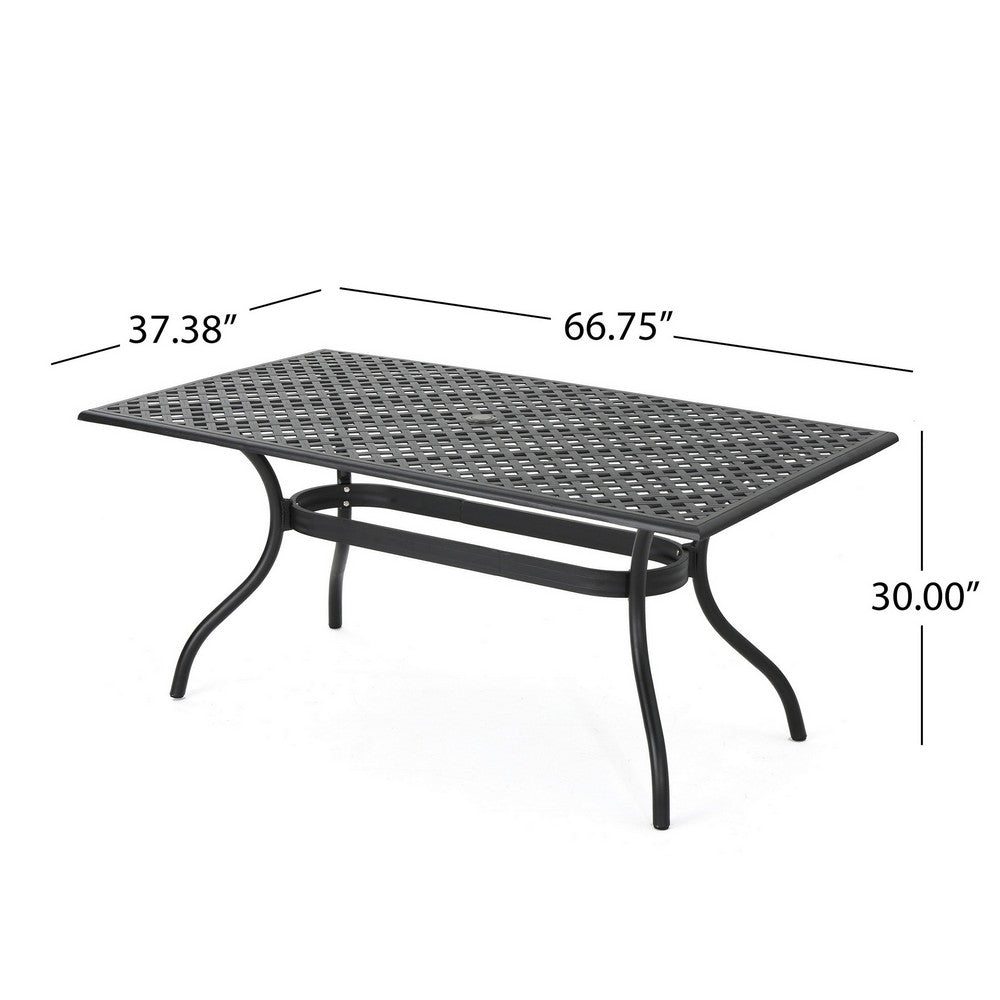 Benjara Cay Outdoor Dining Table, 67 Inch Rectangular, Lattice Black Aluminium
