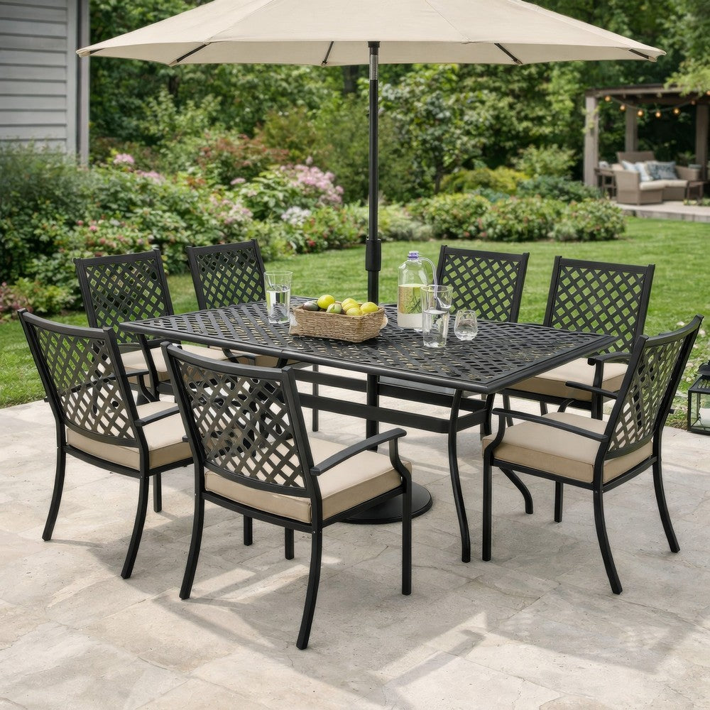 Benjara Cay Outdoor Dining Table, 67 Inch Rectangular, Lattice Black Aluminium