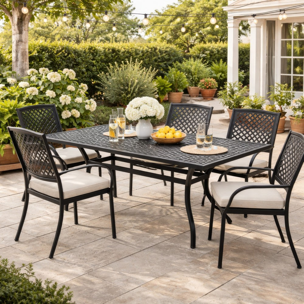 Benjara Cay Outdoor Dining Table, 67 Inch Rectangular, Lattice Black Aluminium