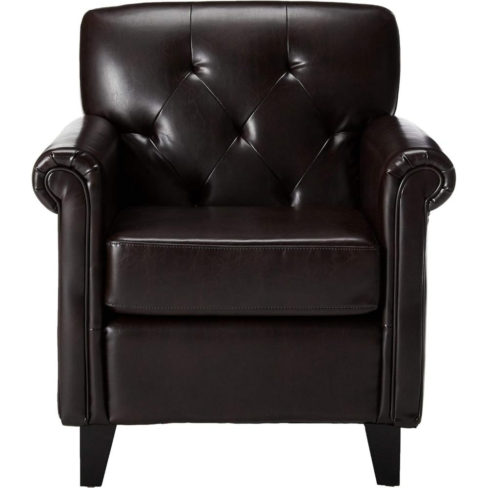 Benjara Accent Club Chair, 40 Inch, Tufted Back, Full-Padded Brown Faux Leather