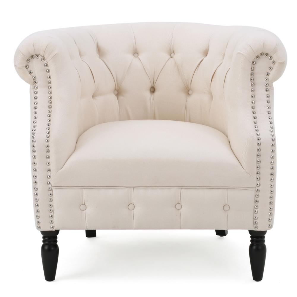 Benjara 37 Inch Accent Club Chair, High Tufted Back, Studded Arms, Beige Fabric