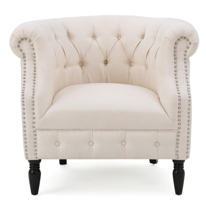 Benjara 37 Inch Accent Club Chair, High Tufted Back, Studded Arms, Beige Fabric