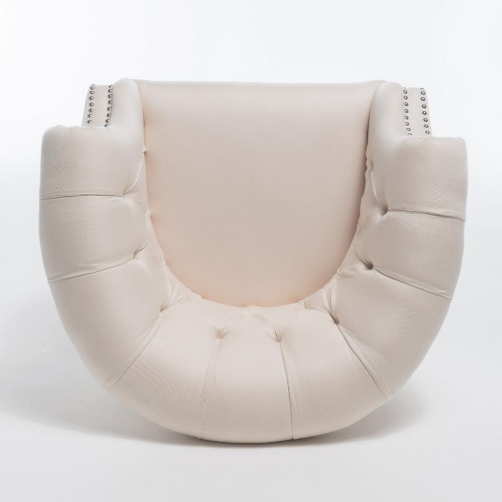Benjara 37 Inch Accent Club Chair, High Tufted Back, Studded Arms, Beige Fabric