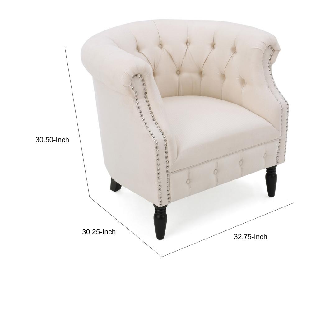 Benjara 37 Inch Accent Club Chair, High Tufted Back, Studded Arms, Beige Fabric