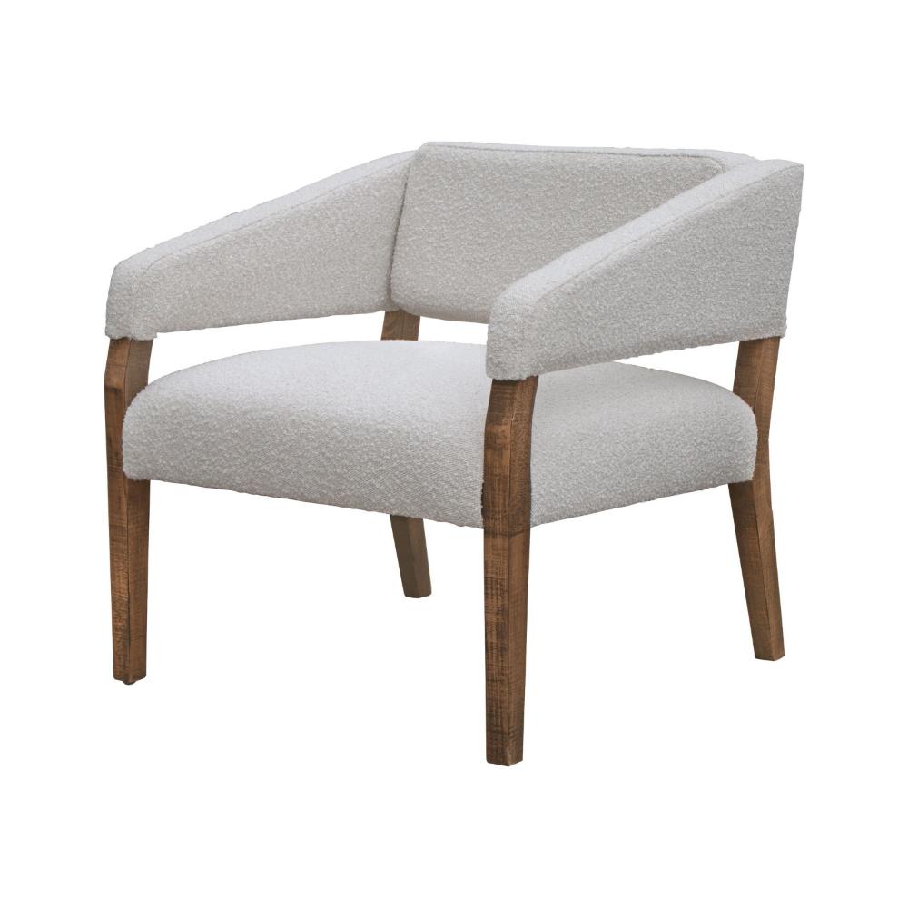 Benjara Merry Accent Chair, Ivory Polyester, Plush Foam, Brown Solid Pine Wood Legs