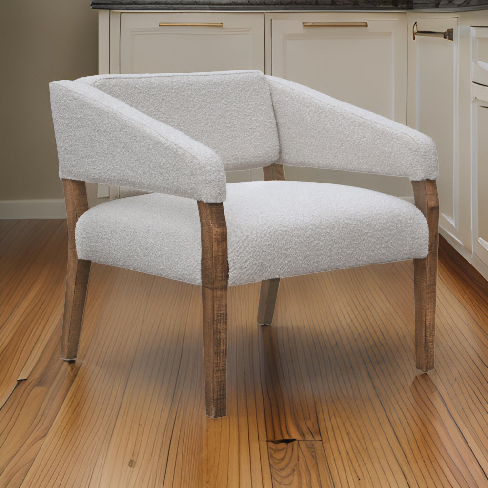 Benjara Merry Accent Chair, Ivory Polyester, Plush Foam, Brown Solid Pine Wood Legs