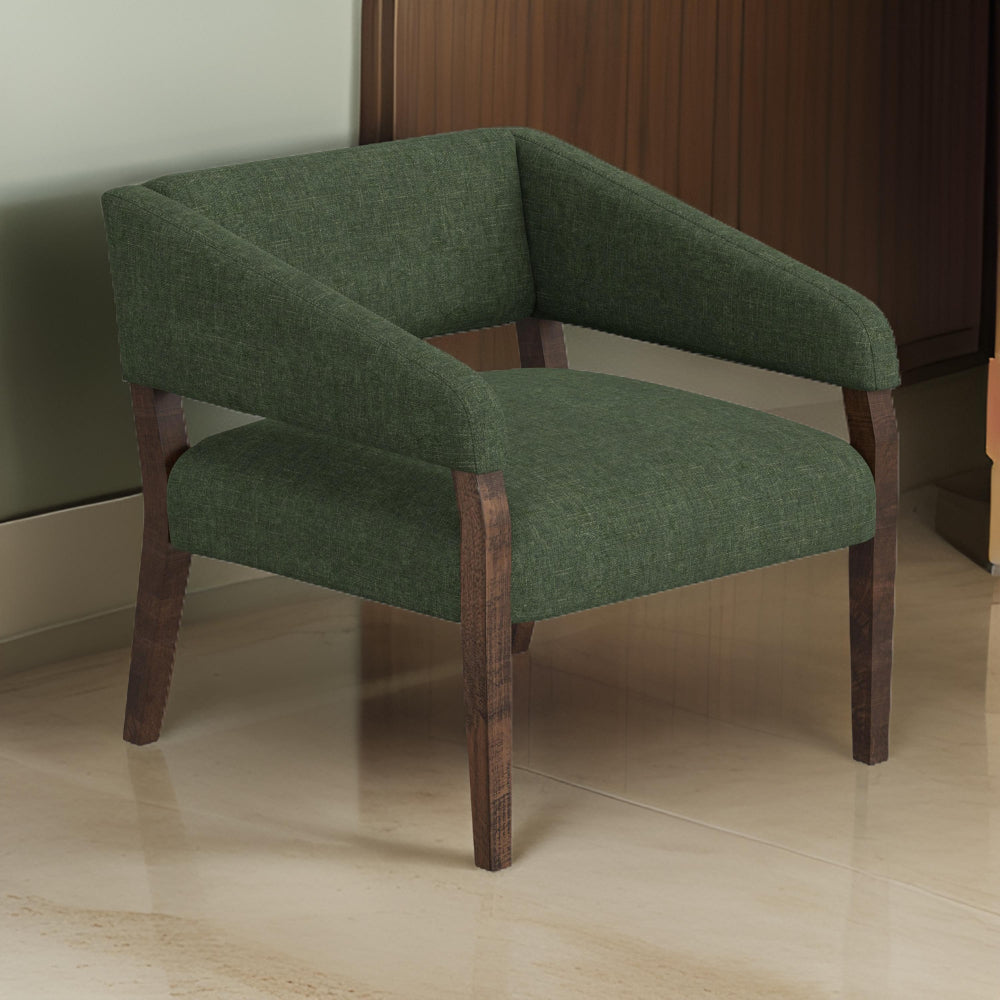 Benjara Merry Accent Chair, Olive Green Polyester, Foam, Brown Solid Pine Wood