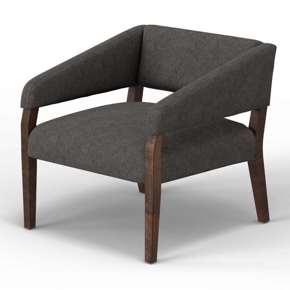 Benjara Merry Accent Chair, Iron Gray Polyester, Plush Foam, Brown Solid Pine Wood