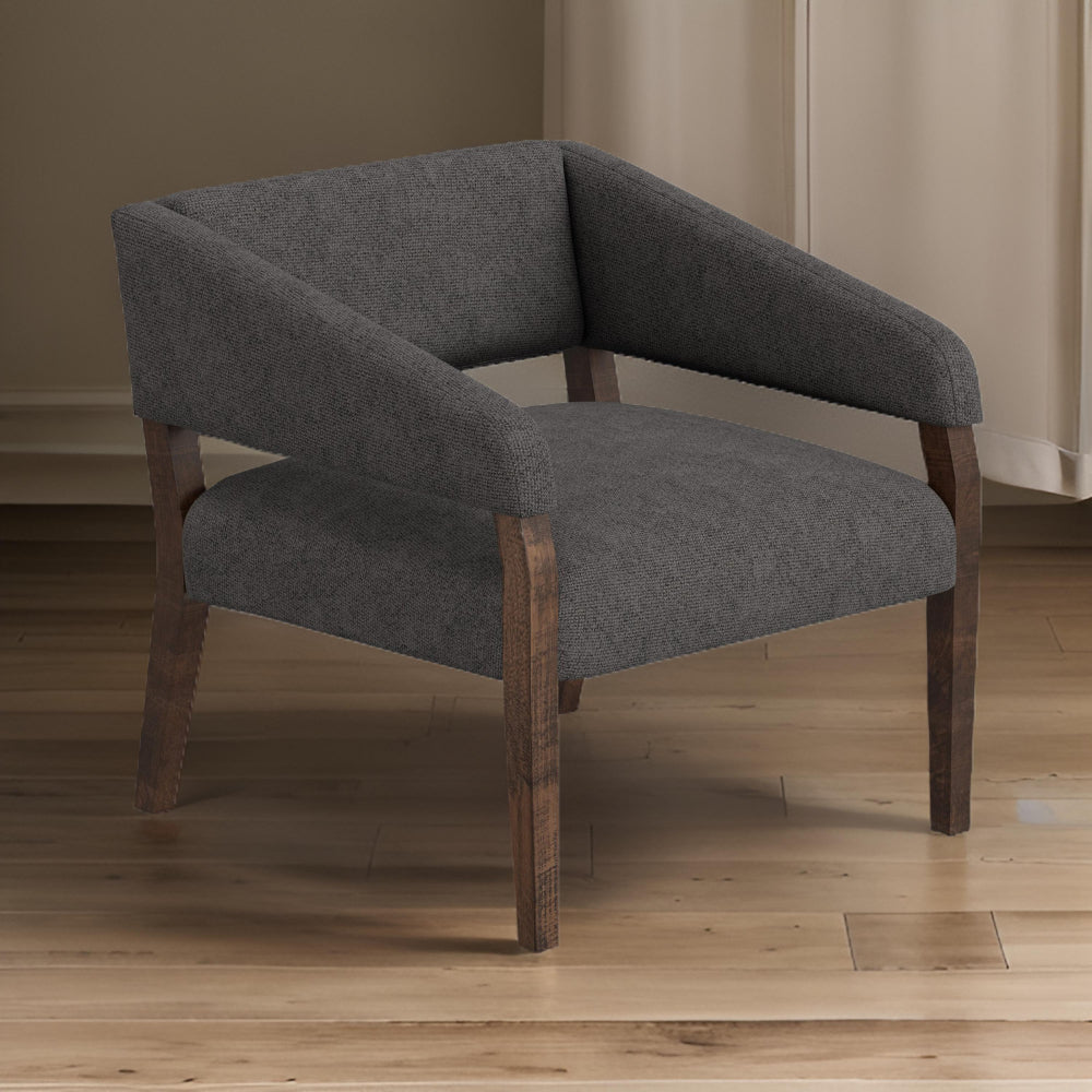 Benjara Merry Accent Chair, Iron Gray Polyester, Plush Foam, Brown Solid Pine Wood