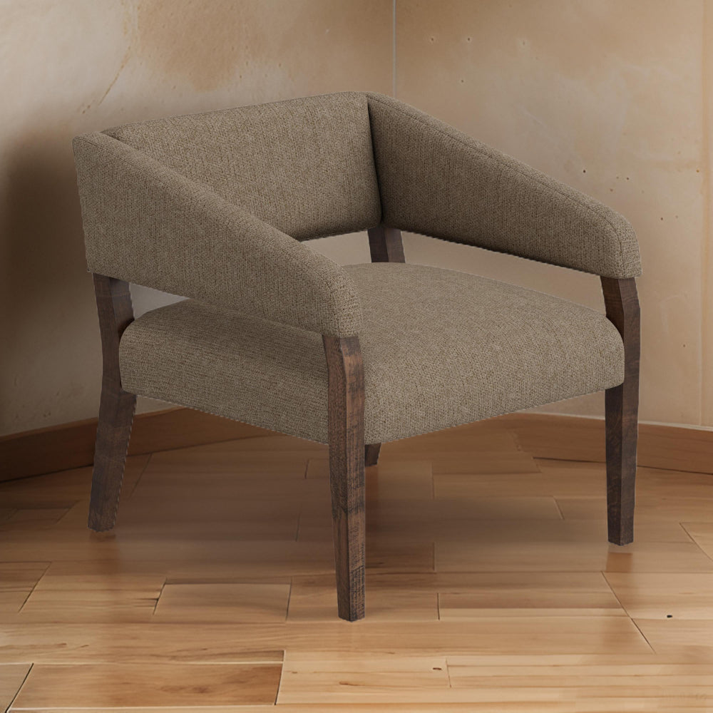 Benjara Merry Accent Chair, Light Brown Polyester, Foam, Brown Solid Pine Wood