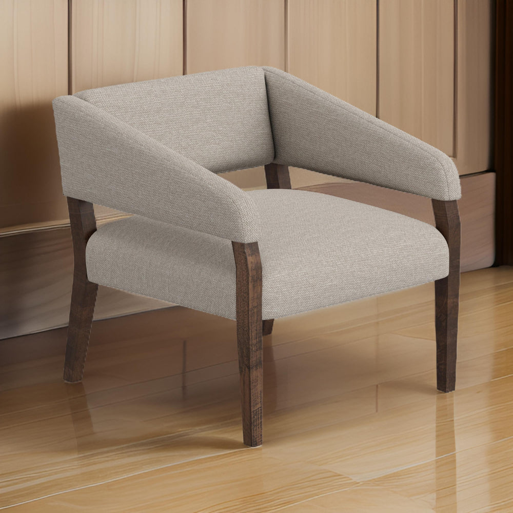 Benjara Merry Accent Chair, Beige Polyester, Plush Foam, Brown Solid Pine Wood Legs