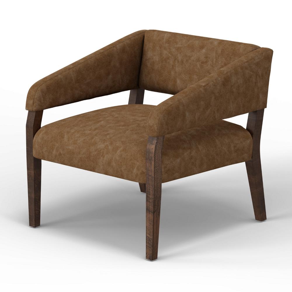 Benjara Merry Accent Chair, Cognac Brown Faux Leather, Foam, Brown Solid Pine Wood
