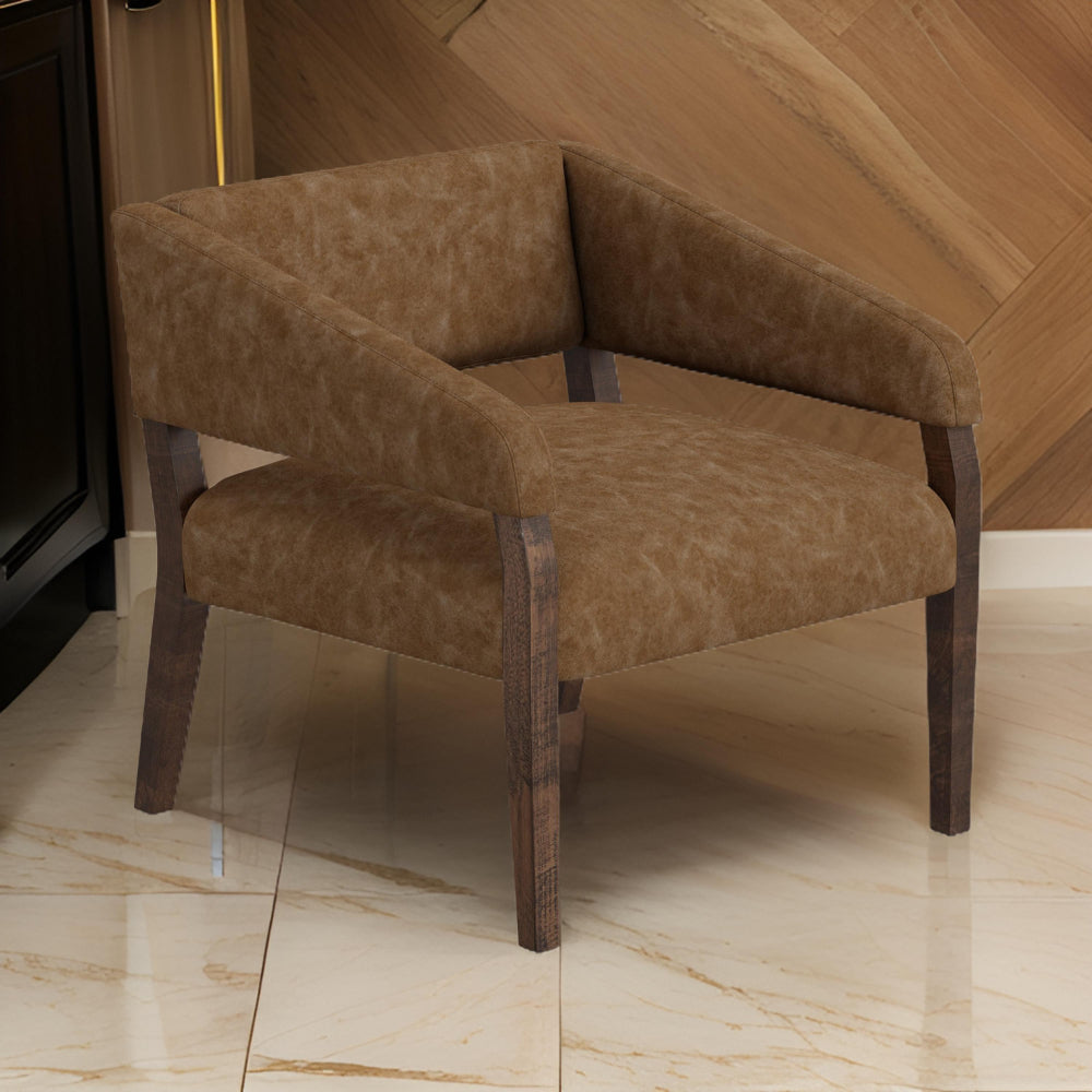 Benjara Merry Accent Chair, Cognac Brown Faux Leather, Foam, Brown Solid Pine Wood