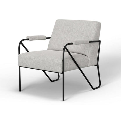 Benjara Levy Accent Chair, Ivory Polyester, Soft Plush Foam, Black Metal Legs, Arms