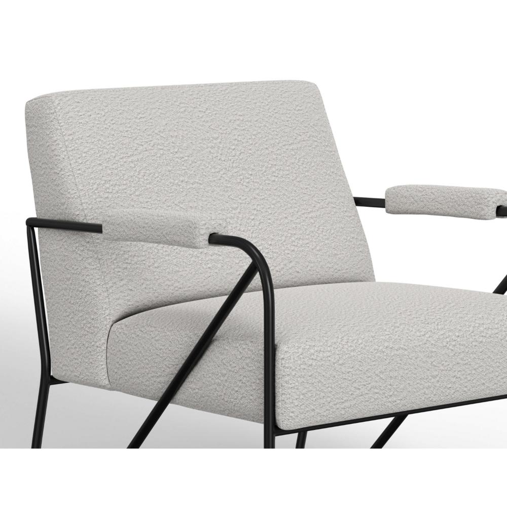 Benjara Levy Accent Chair, Ivory Polyester, Soft Plush Foam, Black Metal Legs, Arms