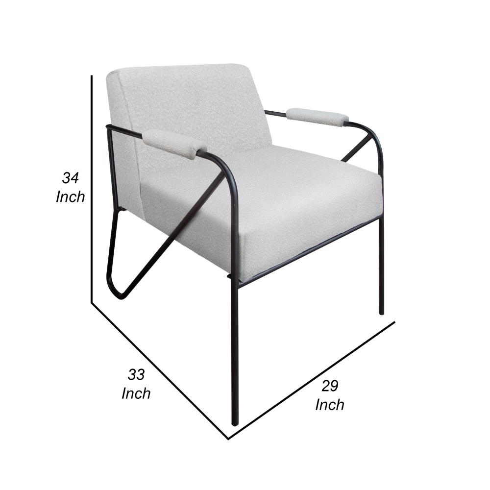 Benjara Levy Accent Chair, Ivory Polyester, Soft Plush Foam, Black Metal Legs, Arms
