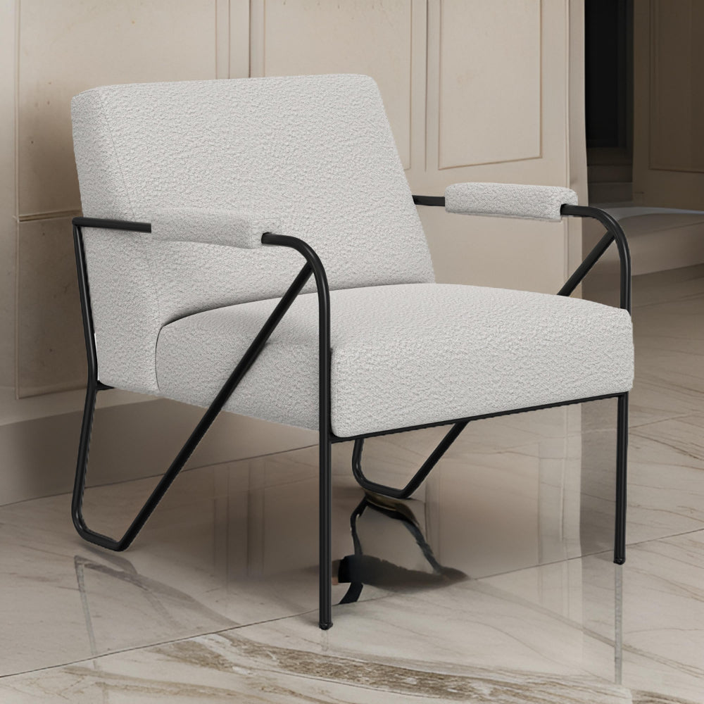 Benjara Levy Accent Chair, Ivory Polyester, Soft Plush Foam, Black Metal Legs, Arms