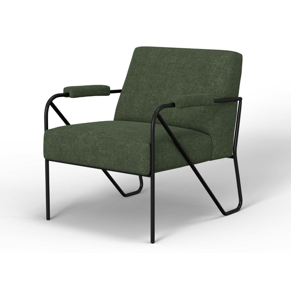 Benjara Levy Accent Chair, Olive Green Polyester, Soft Plush Foam, Black Metal