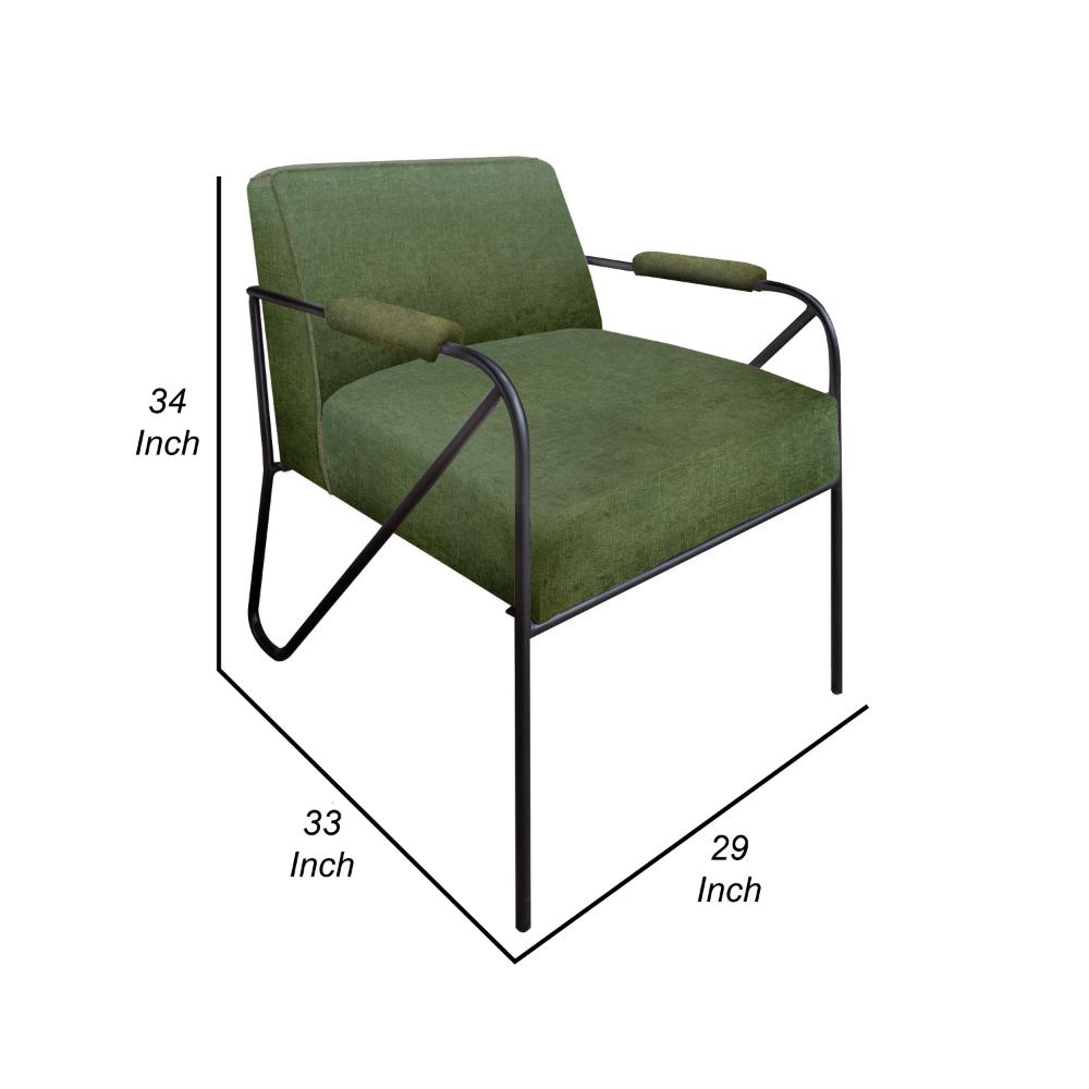 Benjara Levy Accent Chair, Olive Green Polyester, Soft Plush Foam, Black Metal