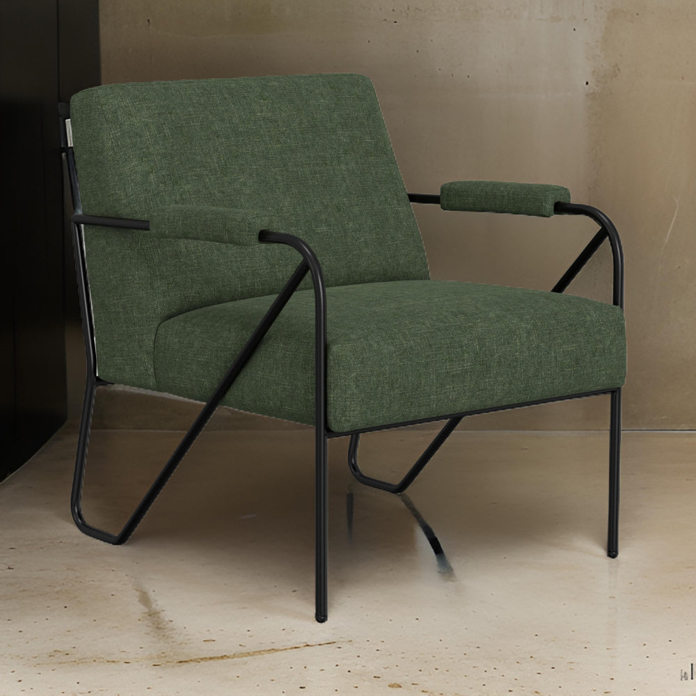 Benjara Levy Accent Chair, Olive Green Polyester, Soft Plush Foam, Black Metal