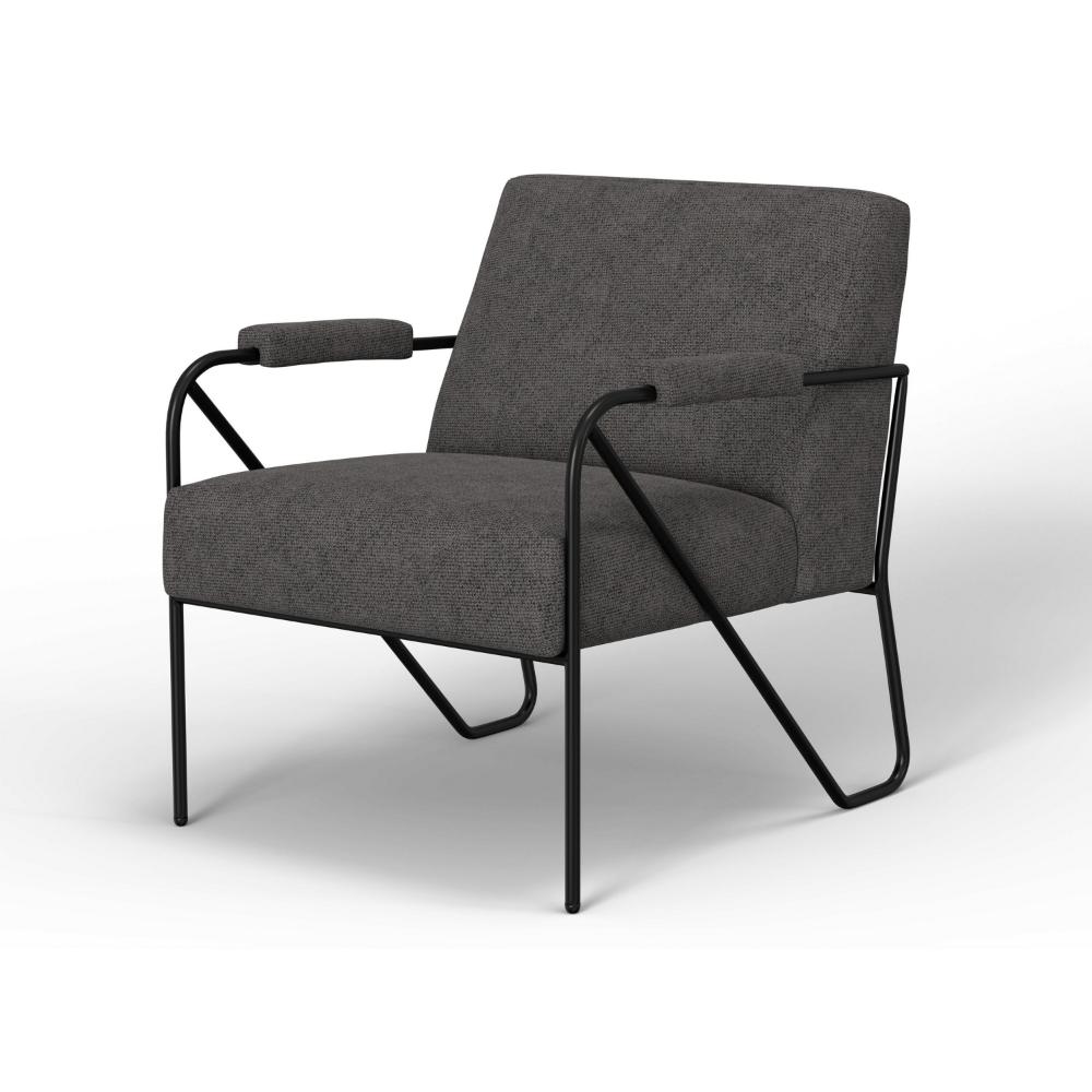 Benjara Levy Accent Chair, Iron Gray Polyester, Soft Plush Foam, Black Metal Legs