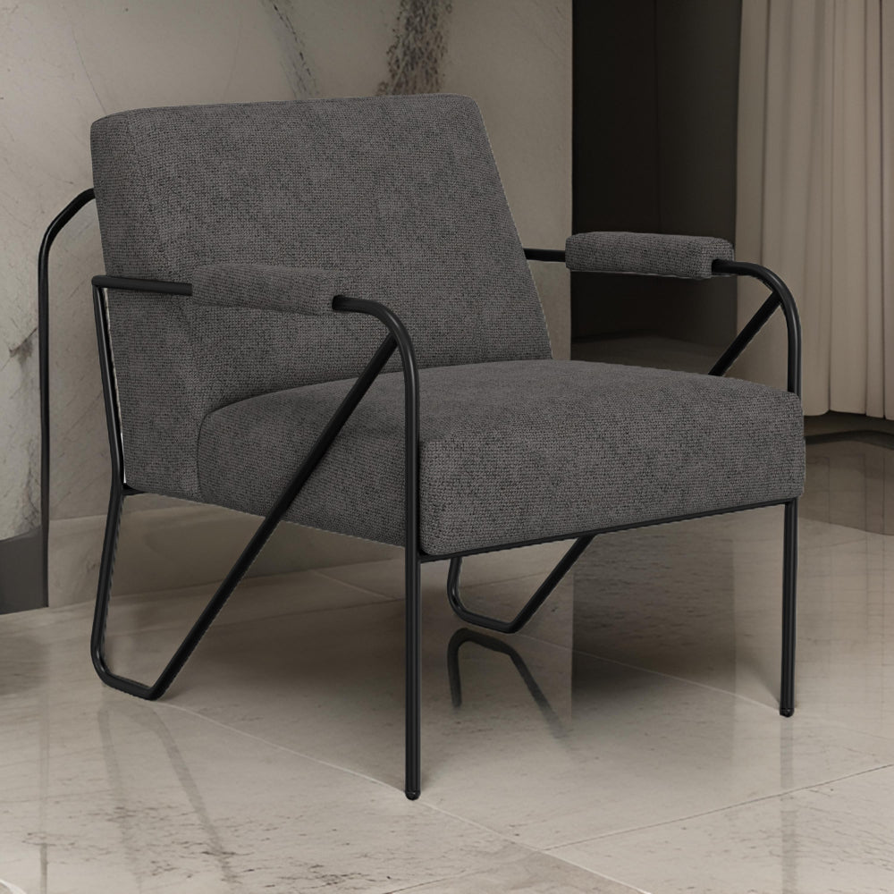 Benjara Levy Accent Chair, Iron Gray Polyester, Soft Plush Foam, Black Metal Legs