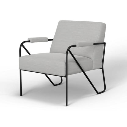 Benjara Levy Accent Chair, White Polyester, Soft Plush Foam, Black Metal Legs, Arms