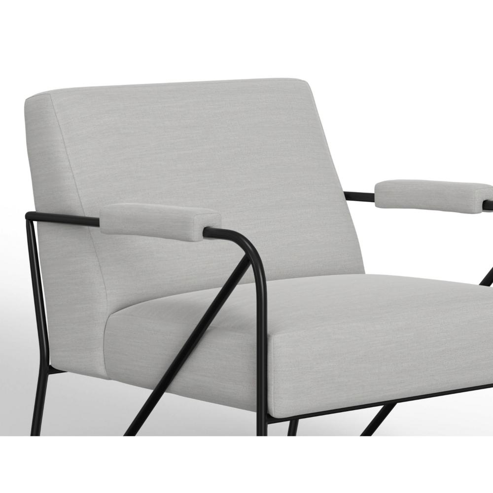 Benjara Levy Accent Chair, White Polyester, Soft Plush Foam, Black Metal Legs, Arms