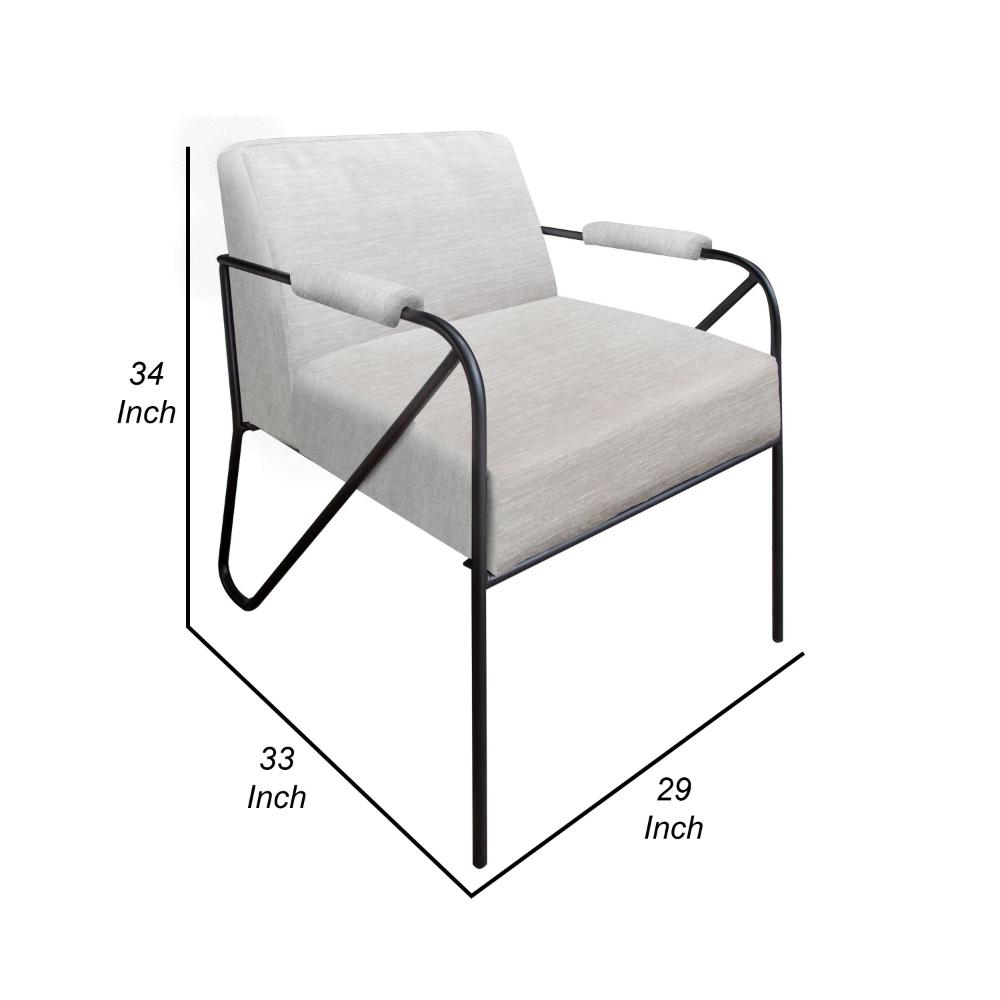 Benjara Levy Accent Chair, White Polyester, Soft Plush Foam, Black Metal Legs, Arms