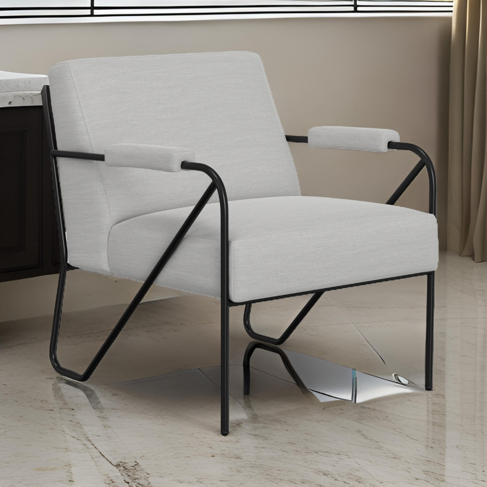 Benjara Levy Accent Chair, White Polyester, Soft Plush Foam, Black Metal Legs, Arms