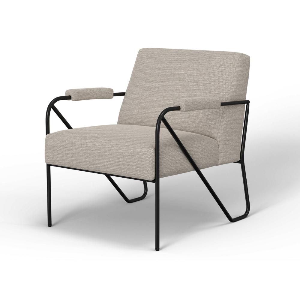 Benjara Levy Accent Chair, Beige Polyester, Soft Plush Foam, Black Metal Legs, Arms