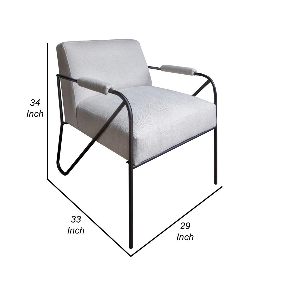 Benjara Levy Accent Chair, Beige Polyester, Soft Plush Foam, Black Metal Legs, Arms