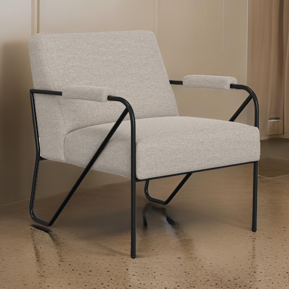 Benjara Levy Accent Chair, Beige Polyester, Soft Plush Foam, Black Metal Legs, Arms