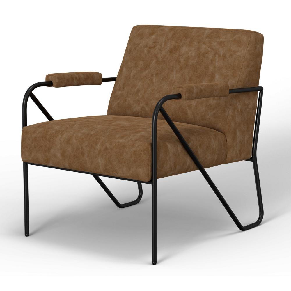 Benjara Levy Accent Chair, Cognac Brown Faux Leather, Soft Plush Foam, Black Metal